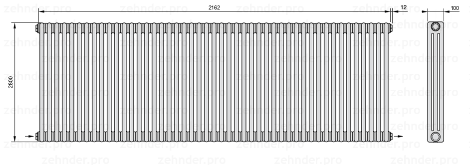 Схема (чертеж) Радиатор Zehnder Charleston 3280/47 №2670 Белый глянцевый RAL 9016